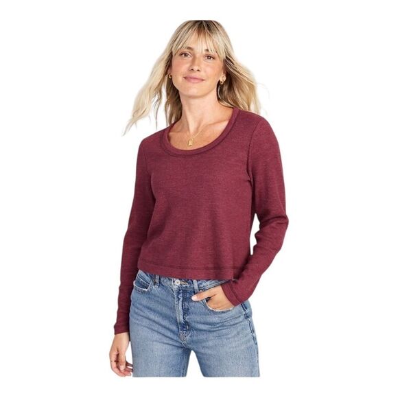 Old Navy Red Red Wine Waffle-Knit Crop T-shirt Long Sleeve Pink Extra Large NWOT - Picture 1 of 9